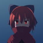  blue_background bow cape cato_(monocatienus) covered_mouth hair_bow hidden_mouth high_collar large_bow looking_at_viewer red_eyes red_hair sekibanki short_hair simple_background solo touhou tunic upper_body 