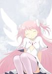  ^_^ choker cleavage_cutout closed_eyes dress kaname_madoka long_hair mahou_shoujo_madoka_magica pink_hair smile solo spoilers thighhighs two_side_up ultimate_madoka wings yukimura_kaname zettai_ryouiki 