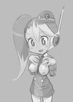  alternate_breast_size between_breasts blush_stickers breasts breasts_outside call_(mighty_no._9) call_e dress garrison_cap greyscale hat headset jiffic long_hair medium_breasts mighty_no._9 monochrome necktie necktie_between_breasts nipples short_dress side_ponytail solo uniform 