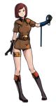  bangs belt black_gloves boots brown_hair dress full_body gloves knee_boots military military_uniform short_dress short_hair smile solo standing steward_b swept_bangs textless the_king_of_fighters thigh_strap transparent_background uniform whip whip_(kof) 