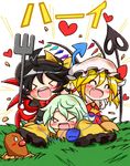  &gt;_&lt; asymmetrical_wings black_hair blonde_hair blush closed_eyes diglett fang flandre_scarlet gen_1_pokemon green_hair heart highres houjuu_nue komeiji_koishi laevatein multiple_girls pokemon pokemon_(creature) polearm rindou_(p41neko) touhou trident weapon wings 