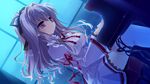  bow cube_(alma) dutch_angle game_cg grey_hair hair_bow houshou_yukino instrument kimi_to_boku_to_eden_no_ringo long_hair night piano ribbon skirt solo thighhighs white_legwear white_skirt window zettai_ryouiki 