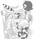  1girl ass bad_id bad_tumblr_id bone chair checkered checkered_pants clothed_male_nude_female crossed_legs greyscale hat hat_feather instrument mask mato_spectoru monochrome muse_(skullgirls) nude personification pointy_nose sitting sitting_on_lap sitting_on_person skullgirls taliesin_(skullgirls) 