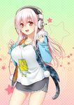  blush breasts cat_tail headphones highres hood hoodie kuronohana large_breasts long_hair looking_at_viewer nitroplus pink_hair pom_pom_(clothes) red_eyes smile solo super_sonico tail 
