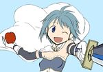  ;d apple armband blue_background blue_eyes blue_hair cape flat_color food foreshortening fruit gloves magical_girl mahou_shoujo_madoka_magica miki_sayaka one_eye_closed open_mouth simple_background smile solo sword weapon yukimura_kaname 