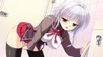  1girl artist_request breasts character_request game_cg indoors manatsu_no_yoru_no_yuki_monogatari masturbation mikeou panties red_eyes school_uniform shinjou_yukina silver_hair skirt solo source_request thighhighs underwear 