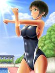  black_hair competition_swimsuit cowboy_shot highres one-piece_swimsuit original short_hair solo stretch swimsuit tama_(tamakaka1031) yellow_eyes 