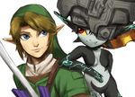  1girl bad_id bad_pixiv_id blonde_hair blue_eyes hat helmet leaning_on_person link midna pointy_ears red_eyes riko_(sorube) smile sword the_legend_of_zelda the_legend_of_zelda:_twilight_princess weapon 