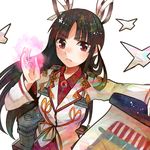  black_hair blouse brown_eyes hair_ribbon hakama hime_cut hiyou_(kantai_collection) itomugi-kun jacket japanese_clothes kantai_collection long_hair magatama onmyouji paper_airplane ribbon scroll shikigami skirt solo white_ribbon 