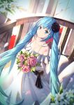  1girl bangs bare_shoulders black_flower black_rose blue_eyes blue_hair blurry blurry_background blush bouquet bow breasts brown_bow cleavage closed_mouth collarbone commentary_request depth_of_field dress eyebrows_visible_through_hair flower hair_between_eyes hair_flower hair_ornament hatsune_miku highres holding holding_bouquet long_hair medium_breasts mobu_(wddtfy61) off-shoulder_dress off_shoulder pink_flower pink_rose railing rose smile solo twintails very_long_hair vocaloid white_dress white_flower 