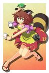  animal_ears bangle blouse bracelet brown_hair capelet cato_(monocatienus) flask flip-flops full_body futatsuiwa_mamizou glasses headwear_removed highres jewelry leaf looking_at_viewer notepad paper raccoon_ears raccoon_tail sandals semi-rimless_eyewear short_hair skirt smile solo standing standing_on_one_leg tail touhou yellow_eyes 