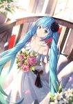  1girl bangs bare_shoulders black_flower black_rose blue_eyes blue_hair blurry blurry_background blush bouquet bow breasts brown_bow cleavage closed_mouth collarbone depth_of_field dress eyebrows_visible_through_hair flower hair_between_eyes hair_flower hair_ornament hatsune_miku highres holding holding_bouquet long_hair medium_breasts mobu_(wddtfy61) off-shoulder_dress off_shoulder pink_flower pink_rose railing rose smile solo twintails very_long_hair vocaloid white_dress white_flower 