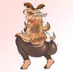 anthro antlers blush breasts brown_eyes brown_fur brown_hair butt camel_toe cervine clothed clothing female fur hair hooves horn looking_at_viewer mammal picorna raised_tail simple_background solo sweat tight_clothing twerking 