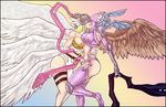  angewomon blonde_hair blue_hair breasts closed_eyes covered_eyes dick_hammersmith digimon digimon_adventure digimon_frontier elbow_gloves feathered_wings fingering gauntlets gloves hand_in_panties head_wings helmet highres large_breasts licking long_hair mask midriff monster_girl multiple_girls multiple_wings navel navel_cutout neck_licking nipple_slip nipples panties pussy_juice revealing_clothes short_hair shutumon stomach thigh_strap thighhighs underwear wince wings yuri 