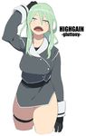  1girl accho_(macchonburike) breasts character_name coat english gloves gluttony_(deadly_sins) green_eyes green_hair highgain_(accho) large_breasts long_hair open_mouth saliva seven_deadly_sins sharp_teeth simple_background slit_pupils solo standing thick_thighs thighs tongue white_background 