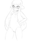  breasts domino_mask greyscale hand_on_hip inkling long_hair mask monochrome one-piece_swimsuit short_hair_with_long_locks sidelocks sketch small_breasts smile solo splatoon_(series) splatoon_1 sticky_(stickysheep) swimsuit 