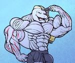  belt biceps blue_background bulge clothing flexing huge_muscles hyper machoke male muscles nintendo pecs plain_background pok&#233;mon pok&eacute;mon red_eyes ripped ripped-saurian shorts tongue tongue_out topless vein video_games 