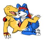  colored cum cum_inside digimon duo eyes_closed gaomon gay handjob male messy orgasm penis plain_background seamaster smirk white_background 