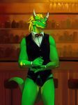  anthro bar beverage blonde_hair bow_tie bulge dragon green_scales hair horn male reptile scalie slit_pupils solo spikes standing thong underwear vest vu06 yellow_eyes 