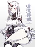  amagai_tarou arm_support artist_name bare_shoulders blush boots breasts detached_sleeves dress gauntlets horn kantai_collection knee_boots large_breasts long_hair lying on_side pink_eyes seaport_hime shinkaisei-kan short_dress solo white_dress white_hair white_skin 