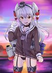  :d amatsukaze_(kantai_collection) ass_visible_through_thighs blazer buttons claw_pose collarbone cowboy_shot dress fang garter_straps jacket kantai_collection long_hair long_sleeves looking_at_viewer open_mouth orange_eyes panties parabora_(nipplemokuba) red_legwear rensouhou-kun sailor_collar sailor_dress school_uniform serafuku short_dress side-tie_panties smile standing string_panties thigh_strap thighhighs torpedo two_side_up underwear v-shaped_eyebrows white_hair 