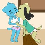  blue_fur canine cat clothed clothing cub dog duo eyes_closed feline fur gay green_fur gumball_watterson hand_holding kissing locker_room male mammal panties the_amazing_world_of_gumball the_dog underwear vereta young 