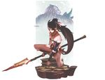  1girl animal_ears ankle_wrap armor barefoot braid breasts brown_eyes brown_hair cabalfan cleavage highres league_of_legends long_hair nidalee one_knee polearm ponytail projected_inset rengar small_breasts solo_focus spear spikes tribal weapon white_hair 