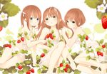  :d :o ahira_yuzu blue_eyes blush brown_hair flower food fruit highres leaf long_hair looking_at_viewer multiple_girls open_mouth original parted_lips plant see-through short_hair simple_background sitting smile strawberry twintails very_long_hair white_background 