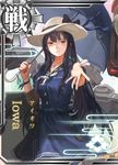  black_hair blue_ribbon blue_umbrella brown_eyes card_(medium) card_parody character_name commentary dress egasumi hat holding holding_umbrella iowa_(pacific) jeanex kantai_collection long_hair mole mole_under_eye original pacific ribbon sailor_collar solo sun_hat umbrella uss_iowa_(bb-61) wrist_ribbon 