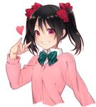  \m/ black_hair blush bow cardigan grin hair_bow heart katase_waka long_hair looking_at_viewer love_live! love_live!_school_idol_project otonokizaka_school_uniform red_eyes school_uniform smile solo twintails yazawa_nico 