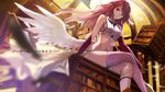  angel_wings bad_id bad_pixiv_id blurry blush book bookshelf breasts copyright_name depth_of_field feathered_wings jibril_(no_game_no_life) library long_hair looking_at_viewer low_wings medium_breasts midriff navel no_game_no_life pink_hair red_eyes shoes sideboob single_shoe sitting sketch smile solo swd3e2 white_wings wings 