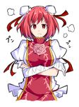  :&lt; bandaged_arm bandages breast_hold breasts closed_mouth crossed_arms double_bun flower frills ibaraki_kasen ishimu looking_at_another pink_eyes pink_flower pink_hair pink_rose rose shirt short_hair solo tabard touhou v-shaped_eyebrows white_shirt 