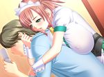  1boy 1girl breasts cafe_junkie game_cg green_eyes large_breasts short_hair tatsunami_youtoku waitress 