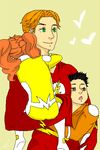  1girl 2boys black_hair boots brother brother_and_sister brown_eyes carrying dc_comics family father father_and_daughter father_and_son flash_(series) green_eyes hug impulse irey_west jai_west kid_flash multiple_boys orange_hair siblings sister the_flash twintails wally_west 