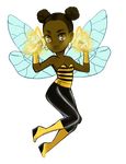 1girl bee_costume black_hair boots brown_eyes bumble_bee chibi dark_skin dc_comics double_bun dual_wielding electricity female gloves insect_wings karen_beecher shirt solo striped striped_shirt transparent_background weapon wedge_heels wings yellow_shoes 