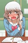  blush brown_eyes chair desk embarrassed notebook open_mouth pencil school_uniform short_hair silver_hair sitting solo sweatdrop tonari_no_seki-kun upper_body yanagida_fumita yokoi_rumi 