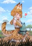  1girl ;d absurdres animal_ears blonde_hair blue_sky blurry_foreground bow bowtie cloud day elbow_gloves gloves hands_on_own_cheeks hands_on_own_face hands_up heart highres kemono_friends looking_at_viewer lucky_beast_(kemono_friends) one_eye_closed open_mouth outdoors serval_(kemono_friends) serval_ears serval_print serval_tail short_hair sitting skirt sky sleeveless smile snow7a solo tail tree wariza 