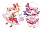  ascot bat_wings blonde_hair bow brooch chibi cuivre dress flandre_scarlet frilled_shirt frilled_shirt_collar frilled_sleeves frills hat hat_ribbon jewelry mob_cap multiple_girls open_mouth pink_dress puffy_short_sleeves puffy_sleeves purple_hair red_bow red_eyes red_ribbon remilia_scarlet ribbon shirt short_hair short_sleeves side_ponytail simple_background smile spear_the_gungnir star touhou white_background wings wrist_cuffs 