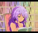  book bookshelf chair gradient gradient_background hikikomori key_(a30013001) long_hair messy_hair nude patchouli_knowledge purple_eyes purple_hair reading sitting solo touhou upper_body 