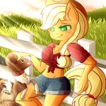  anthro anthrofied applejack_(mlp) blonde_hair breasts brown_fur canine cleavage clothed clothing collar cowboy_hat dog duo earth_pony equine evehly female fence freckles friendship_is_magic fur grass green_eyes hair hat hi_res horse leaning mammal my_little_pony navel open_mouth orange_fur outside pony ponytail shorts smile solo tongue tongue_out winona_(mlp) 