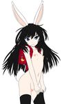  animal_ears backpack bag black_hair black_legwear blade_&amp;_soul blue_eyes bunny_ears bunny_tail censored heart heart_censor highres long_hair looking_at_viewer nude randoseru rjehf simple_background solo tail thighhighs tsurime white_background 