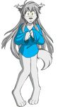  anthro barefoot blue_shirt bottomless canine clothing cute digitigrade edit female fur grey_nose hair human hybrid keidran long_hair looking_at_viewer mammal nishizumi77 photoshop raine_(twokinds) shirt silver_hair solo standing surprise tom_fischbach twokinds white_fur wolf yellow_eyes 
