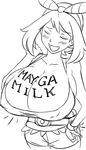  alternate_breast_size bandana blush body_writing breasts bursting_breasts cleavage closed_eyes covered_nipples greyscale hand_on_hip haruka_(pokemon) huge_breasts matsu-sensei mega_milk meme_attire monochrome parody pokemon pun short_hair shorts solo watch wristwatch 