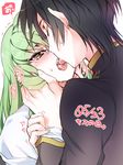  1girl ashford_academy_uniform black_hair c.c. closed_eyes code_geass couple creayus dated french_kiss green_hair kiss lelouch_lamperouge long_hair long_sleeves saliva school_uniform sweatdrop tears tongue tongue_out trembling yellow_eyes 