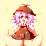  :o animal_ears blush brown_eyes chibi cuon_(kuon) hands hat in_palm music musical_note mystia_lorelei open_mouth out_of_frame pink_hair pov pov_hands short_hair simple_background singing solo_focus take_it_home touhou wings 