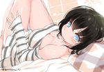  black_hair blue_eyes breasts cleavage dress large_breasts looking_at_viewer nauribon original shirt short_dress short_hair sketch smile solo striped striped_dress yokoshima_bodako 