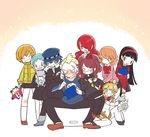  6+girls aegis_(persona) amagi_yukiko android aqua_hair bad_id bad_pixiv_id black_hair blonde_hair blue_eyes blue_hair brown_hair chibi closed_eyes dog flower hair_flower hair_ornament hairband hat kida_yuu kirijou_mitsuru knitting koromaru kujikawa_rise kuma_(persona_4) long_hair multiple_girls pantyhose persona persona_3 persona_4 persona_q:_shadow_of_the_labyrinth persona_q_(series) red_hair robot satonaka_chie scar school_uniform shirogane_naoto short_hair skirt smile stuffed_animal stuffed_toy takeba_yukari tatsumi_kanji thighhighs yamagishi_fuuka 