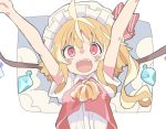  1girl ahoge arms_up banana_takemura bare_arms blonde_hair crystal flandre_scarlet hat hat_ribbon highres long_hair mob_cap multicolored_hair one_side_up open_mouth outstretched_arms red_eyes red_ribbon red_vest ribbon shirt short_sleeves slit_pupils smile solo streaked_hair touhou two-tone_hair upper_body vest white_background white_hat white_shirt wings 