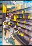  1girl araragi_koyomi bad_id bad_pixiv_id basket black_hair braid casual couple long_hair monogatari_(series) purple_hair senjougahara_hitagi shelf short_hair thighhighs yadokugaeru 