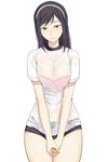  bad_id bad_twitter_id black_hair blush bra bra_through_clothes breast_squeeze breasts brown_eyes buruma full-face_blush gym_uniform hairband hands_together large_breasts long_hair looking_at_viewer ogros original pink_bra see-through shirt simple_background solo sweat underwear wet wet_clothes wet_shirt white_background 
